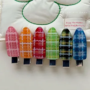 Set of 6 glittery plaid popsicle hair clips in pink orange red green black and blue
