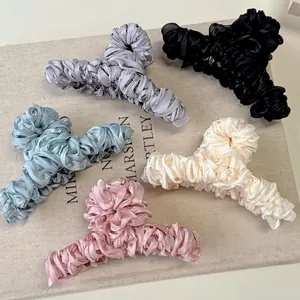 Elegant Pleated Satin Fabric Hair Claw Clip Large Korean Style Solid Color Shark Clip For Daily Hair Styling Accessory