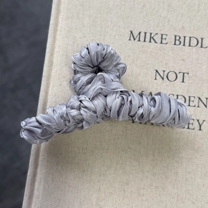 Elegant grey pleated silk fabric shark hair claw clip with metallic shimmering finish