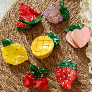 7-piece summer fruit hair clips set including watermelon, peach, and lemon acetate hair claws