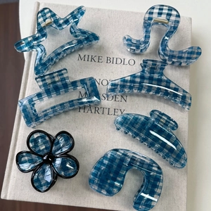 Molle per Capelli a Quadretti Gingham Blu Stile Coreano in Plastica Resina a Forma di Fiore Stella Geometrica Accessori Capelli Donna