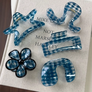Set di 5 mollette per capelli a quadretti blu e bianchi a forma di stella e fiore