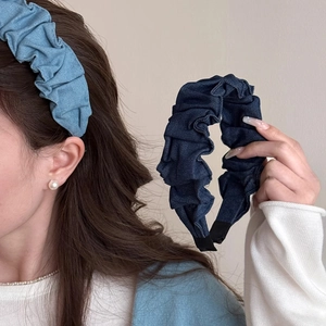 Women Denim Pleated Wide Brim Headband High Skull Top Simple Versatile Scrunchie Style Hair Hoop Denim Fabric Headpiece