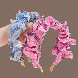 Serre-tête plissé à volants de style français en organza bleu pastel et rose doux
