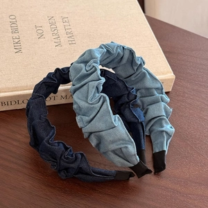 Blue denim scrunchie headbands set in light and dark blue with a pleated texture