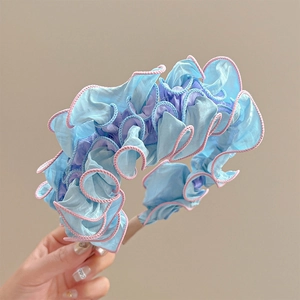 Serre-tête doux à volants en tissu bleu et violet avec bords roses pour femmes