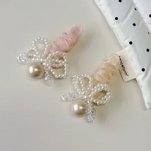 Lot de barrettes à perles élégantes avec nœuds en mousseline rose et doré champagne