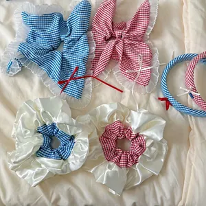 Ensemble de chouchous à carreaux avec dentelle et bandeau bleu et rouge pour femmes
