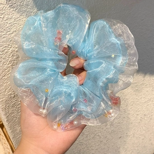 Chouchou Large en Organza Bleu Clair Avec Motif Poisson Rouge Künstliche Perles d'Imitation Doux Frais Attache Cheveux Pour Femmes Filles
