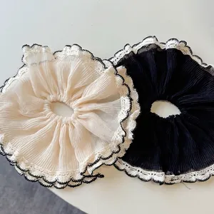 Elegant French lace scrunchie set in black and cream white pleated chiffon fabric
