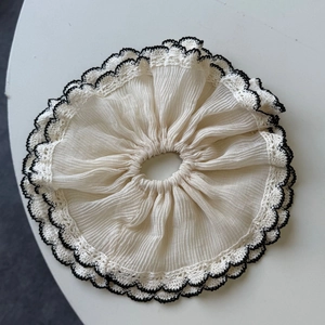 French style elegant beige lace hair scrunchie with delicate floral ruffle trim