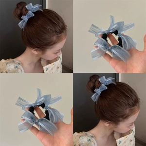 Korean Sweet Bowknot Scrunchie Elegant Organza Lace Hair Tie Striped Ribbon Ponytail Holder For Women Girls Hair Accessories