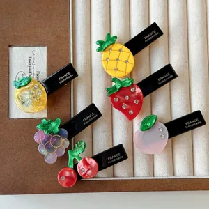 Set of 6 rhinestone acetate fruit hair clips featuring strawberry and pineapple designs