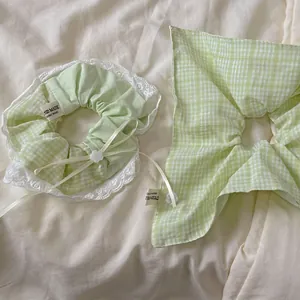 Green plaid hair scrunchie set with white lace trim and matching square scarf for women