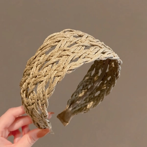 Korean Style Raffia Grass Woven Headband Hollow Mesh Wide Brim Hair Hoop For Summer Beach Vacation Women Hair Accessories