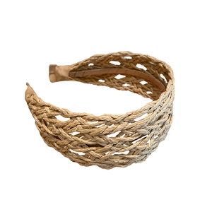 City resort style beige raffia braided headband with minimalist hollow knit texture