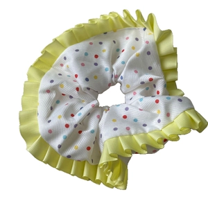 Sweet white scrunchie with colorful polka dots and yellow pleated ribbon trim for hair