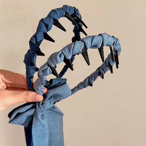 Serre-tête en Denim de Style Coréen Avec Peigne à Dents Et Grands Rubans à Nœud Accessoires de Cheveux Antidérapants Femme