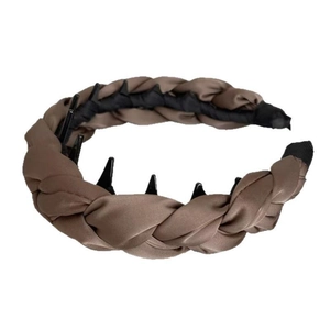Serre-tête tressé large et ondulé marron avec dents internes pour volume et maintien