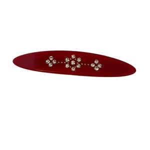 French vintage red oval hair clip with sparkling rhinestones and floral crystal pattern