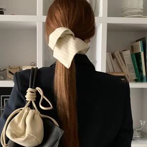 Elegant oversized striped bow hair scrunchie in cream canvas for women hair styling