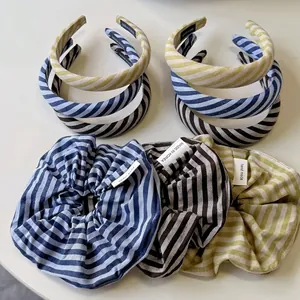 Korean Minimalist Striped Fabric Headband Wide Narrow Padded Hairband Striped Scrunchie Set For Women Daily Hair Accessories
