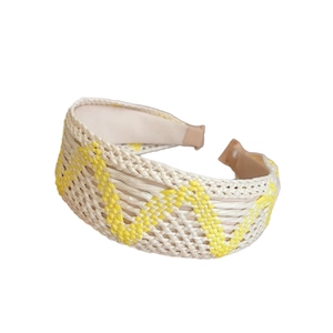 Bohemian braided wide headband in beige and yellow wavy knit pattern for summer style