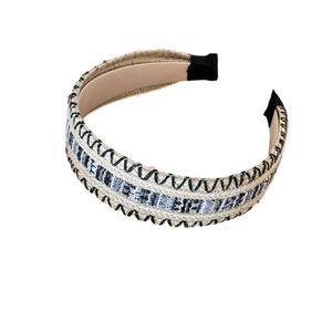 Bohemian wide woven headband with retro straw texture and black white checkered trim