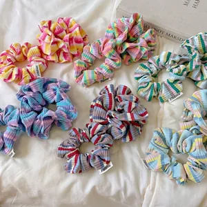 Chouchous Tricotés à Rayures Colorées Dopamine Côtelés Grands Élastiques à Cheveux Style Preppy Coréen Accessoires de Cheveux Mode