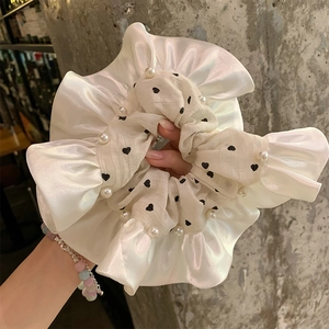 French Satin Oversized Scrunchie With Artificial Pearl Heart Polka Dot Print Elegant Elastic Hair Tie For Women Girls Hair Accessories