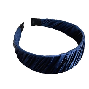 Wide navy blue pleated satin headband designed for high cranial top and elegant look