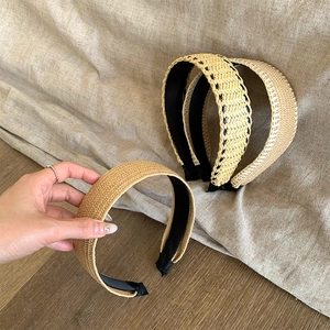 Women Bohemian Straw Braided Wide Headband Summer Beach Vacation High Top Woven Hair Band Fashion Hair Accessories Headwear