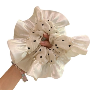 French satin hair scrunchie with black hearts and pearls for elegant styling