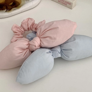 Pink and blue ballet style bunny ear bow scrunchies set for women high ponytail hairstyle