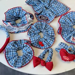 Korean Style Red Blue Plaid Fabric Scrunchies Cute Embroidered Heart Hair Tie Vintage Checkered Hair Decor For Women