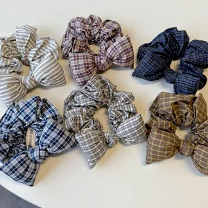 Vintage checkered sponge bow hair scrunchies set in six assorted classic patterns