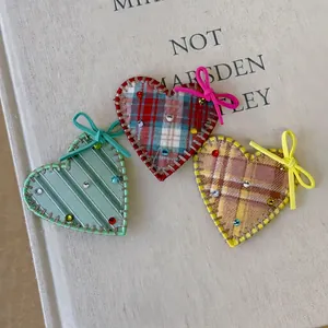 Barrette à Cheveux Style Coréen avec Nœud en Cœur Plaid et Strass pour Filles en Tissu de Coton Accessoires
