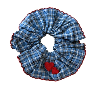 Blue and white plaid scrunchie with red scalloped edges and cute heart embroidery