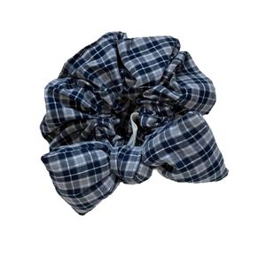 Retro blue and white plaid sponge bow scrunchie with a puffy oversized hair tie design