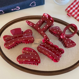 Vintage French Red Polka Dot Hair Claw Clips Resin Heart Bow Knot Hairpins For Women Daily Styling Hair Accessories