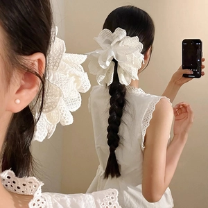 Elegante pinza para el pelo de flor con encaje blanco y perlas en coleta trenzada
