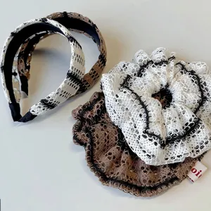 Vintage Korean Style Hollow Knit Lace Hair Scrunchie Headband Set Striped Crochet Large Intestine Hair Ring For Women