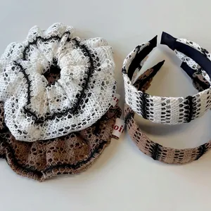 Handmade hollow knit lace scrunchie and headband set in cream and brown striped patterns