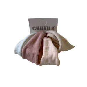 Set of 3 premium elastic ice silk hair ties in white, dusty rose and beige ribbed knit fabric