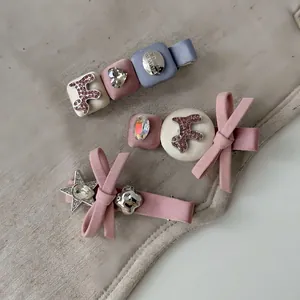 Set di 3 fermagli per capelli in stile coreano con fiocchi e strass rosa e blu