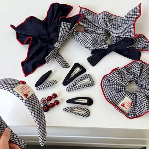 Korean Vintage Navy Plaid Bow Hair Accessories Fabric Scrunchies Padded Headband And Cherry Fruit Hair Clips For Women