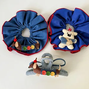 Accesorios Para El Cabello Hechos a Mano Dibujos Animados Perro Teckel Cachorro Coleteros Pinzas Tela Denim Ribete Rojo Decoración Botón Mujeres Niñas