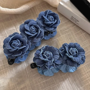 Handmade Blue Denim Rose Flower Hair Clip For Women Vintage Denim Floral Hair Claw Elegant Ponytail Holder Hair Accessories