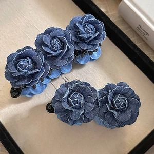 Deep blue denim rose floral hair clip with handmade petal textures for women