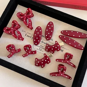 Vintage Burgundy Red Polka Dot Hair Clips Resin Bowknot Dog Shaped Hairpins For Women Girls French Style Hair Accessories